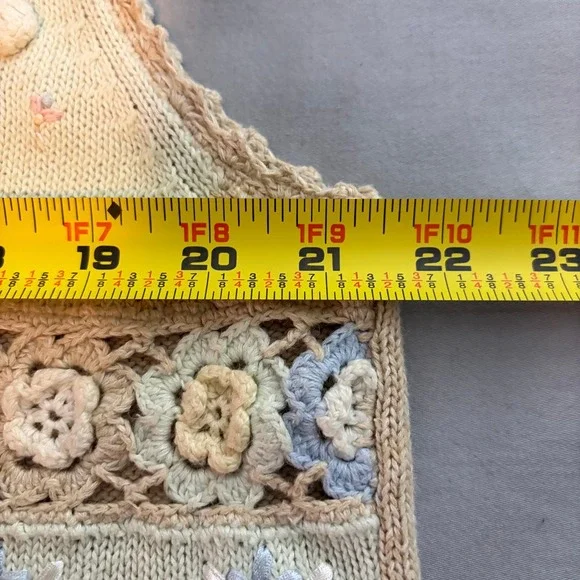 Vintage Floral Crochet Knit Button Front Vest Tan Blue MK30V92 Large grandmacore - Picture 6 of 6